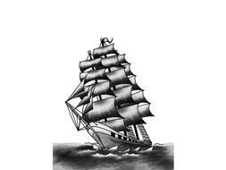 painted black and white pirate ship at sea