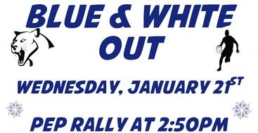 blue and white out banner text