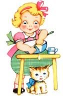 Vintage drawing of child girl Cooking and cat