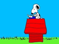 drawing of Snoopy typing on typewriter at top of His Dog House