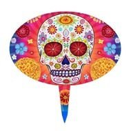 Girly Floral Sugar Skull Cute Pink Teal Flowers Cake Topper