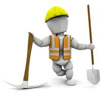 white man in a construction vest, helmet with shovels in his hands