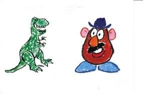 Mr Potato Head and green dinosaur drawing