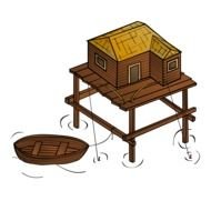 boat on water at hut on poles, drawing