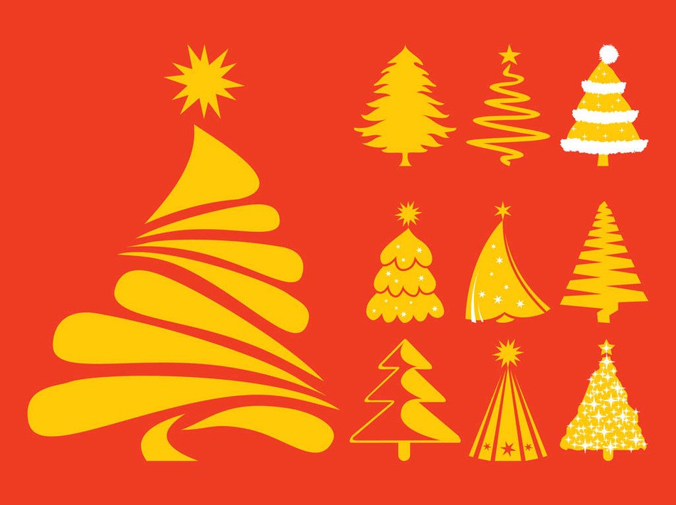 Christmas trees of different types on a red background