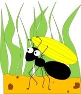 Cartoon ant with the corn near the green leaves clipart