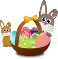 Funny Bunny with easter eggs in a basket as an illustration