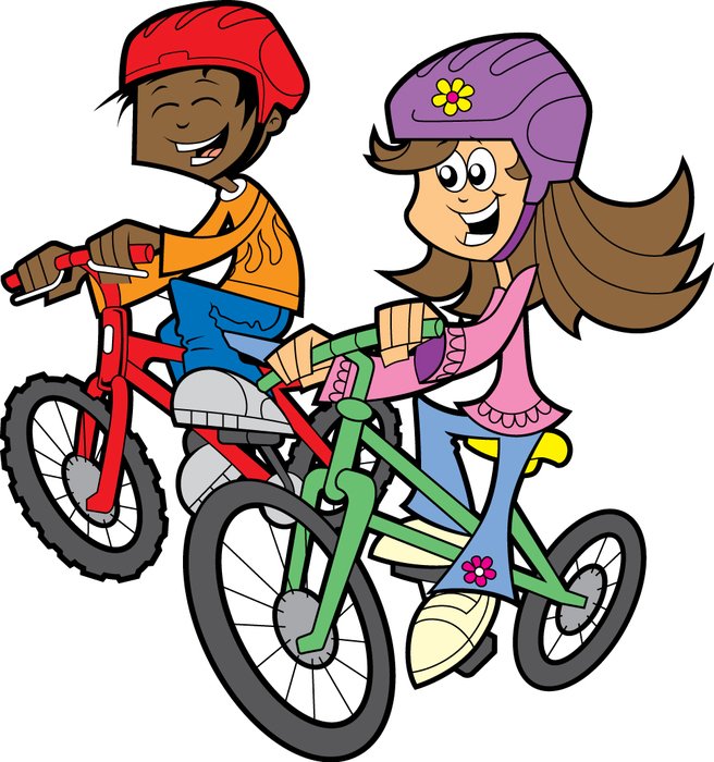 cartoon girl and boy ride bicycles