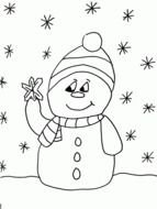 drawn snowman on a background of snowfall in a coloring book