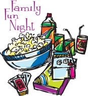 Family fun Night, set of drinks, snacks and playing cards, drawing