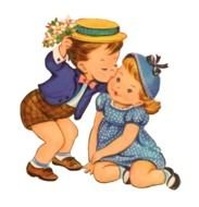 cute vintage drawing with two kissing kids