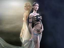 two sexy girls in white and black clothing, digital art