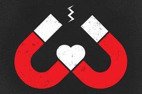 Opposites Attract, magnets connected with heart, concept drawing