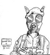 Black and white drawing of the soldier with the gas mask clipart