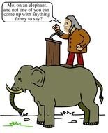 Cartoon male speaker at tribune on back of Elephant