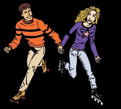 man and woman rollerblading on black background
