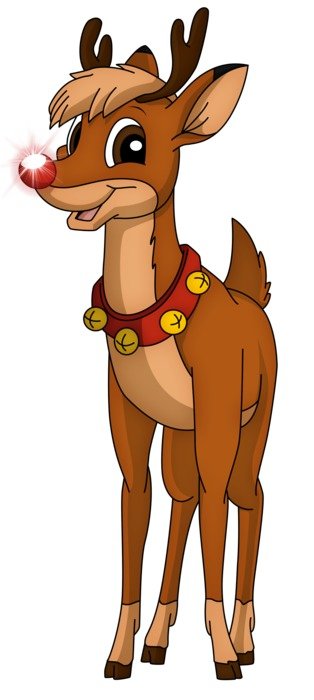 cartoon christmas deer with a shiny nose on a white background