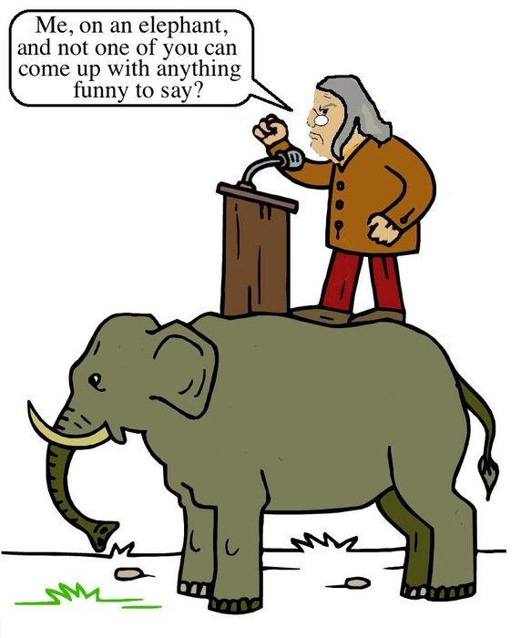 Cartoon male speaker at tribune on back of Elephant