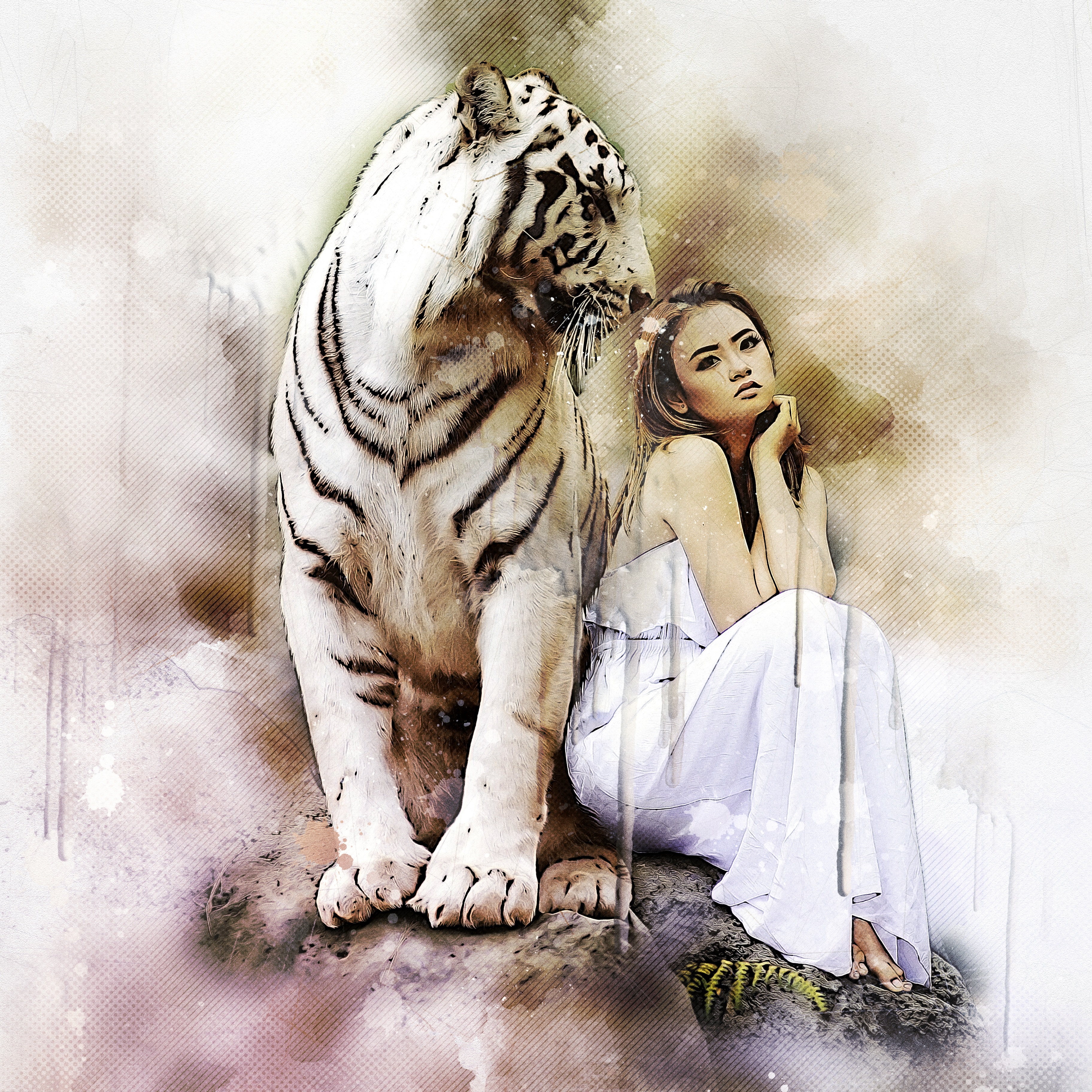 Тигр и девушка акварель