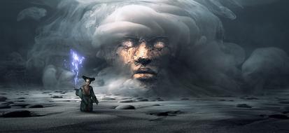 Fantasy, girl with flame on hand and male Face in smoke