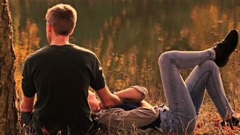 young couple in love outdoor at Autumn, Evening Sun