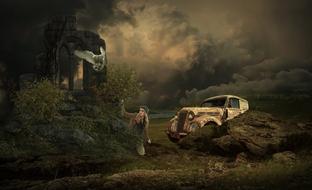 Vintage and mystical landscape with the person near the car
