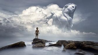 surreal drawing of a boy on a rock in the sea against the background of silhouettes of a woman in the sky