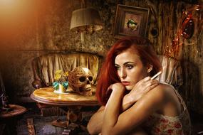 painted girl with a cigarette in a mystical room