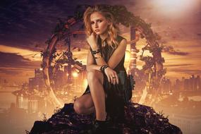 beautiful young girl at sci-fi background, collage
