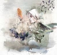 watercolor-painted girl and a flock of birds