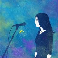 drawn girl at the microphone on the background of the night sky