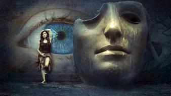 mystical photo of a girl near the wall with the image of an eye and a mask