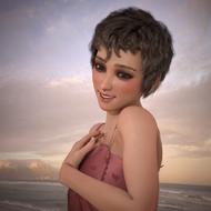 Portrait of the smiling woman wish short hair, posing on the beach, at colorful sunset in the sky
