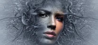 digital art, Fantasy, female Face covered with Branches