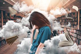 Woman in the clouds in the library