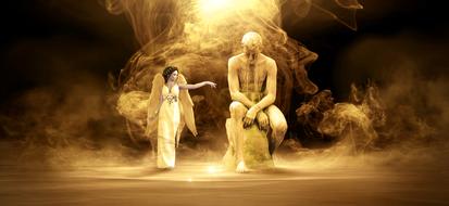 fantastic image of a golden female angel and a stone statue of a man