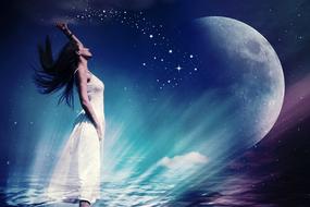 Woman in long white dress at sea and full Moon, digital art