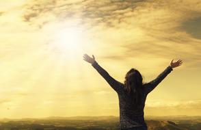 back view of woman with wide open hands up at sunset Sky, Freedom, Happiness