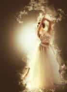 Beautiful, dancing bride, in the dress, among the smoke, in light, clipart