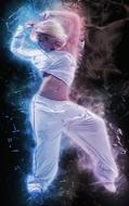 dancer in a white tracksuit on a background of the starry sky