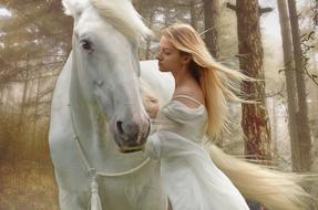Romantic Fantasy, beautiful young girl with white horse in misty forest