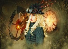 Steampunk style portrait of young girl, collage