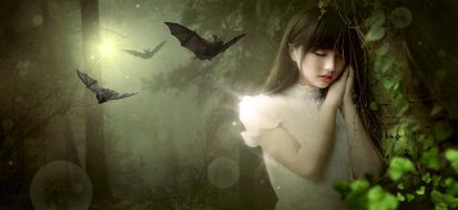 Fantasy collage, Girl sleeps in mystical Forest