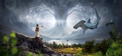 fantasy picture girl and fish in nature