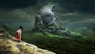 Woman on the landscape with the forest clipart