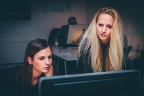 Woman, working with the computer, at teamwork, near the other person