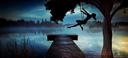 Girl Woman Swing lake tree