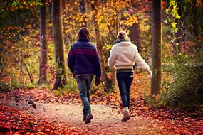 couple in autumn clothes walks in a colorful park