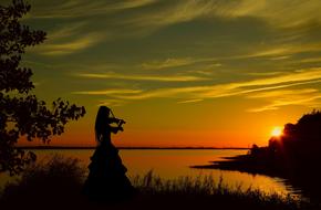 Silhouette of a violinist, near the beautiful water, among the trees, at colorful, gradient sunset