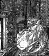 Black and white, beautiful, vintage drawing of the woman, in the dress